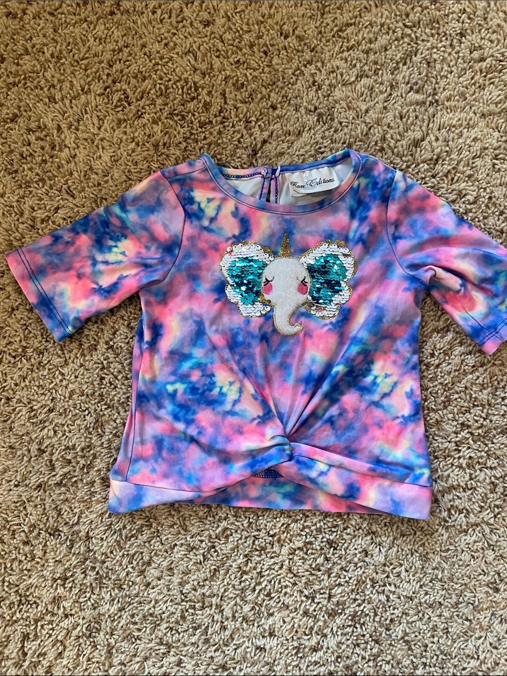 Girls' Tie-Dye Elephant Sequin Twist Top - Pink & Blue Size 3T